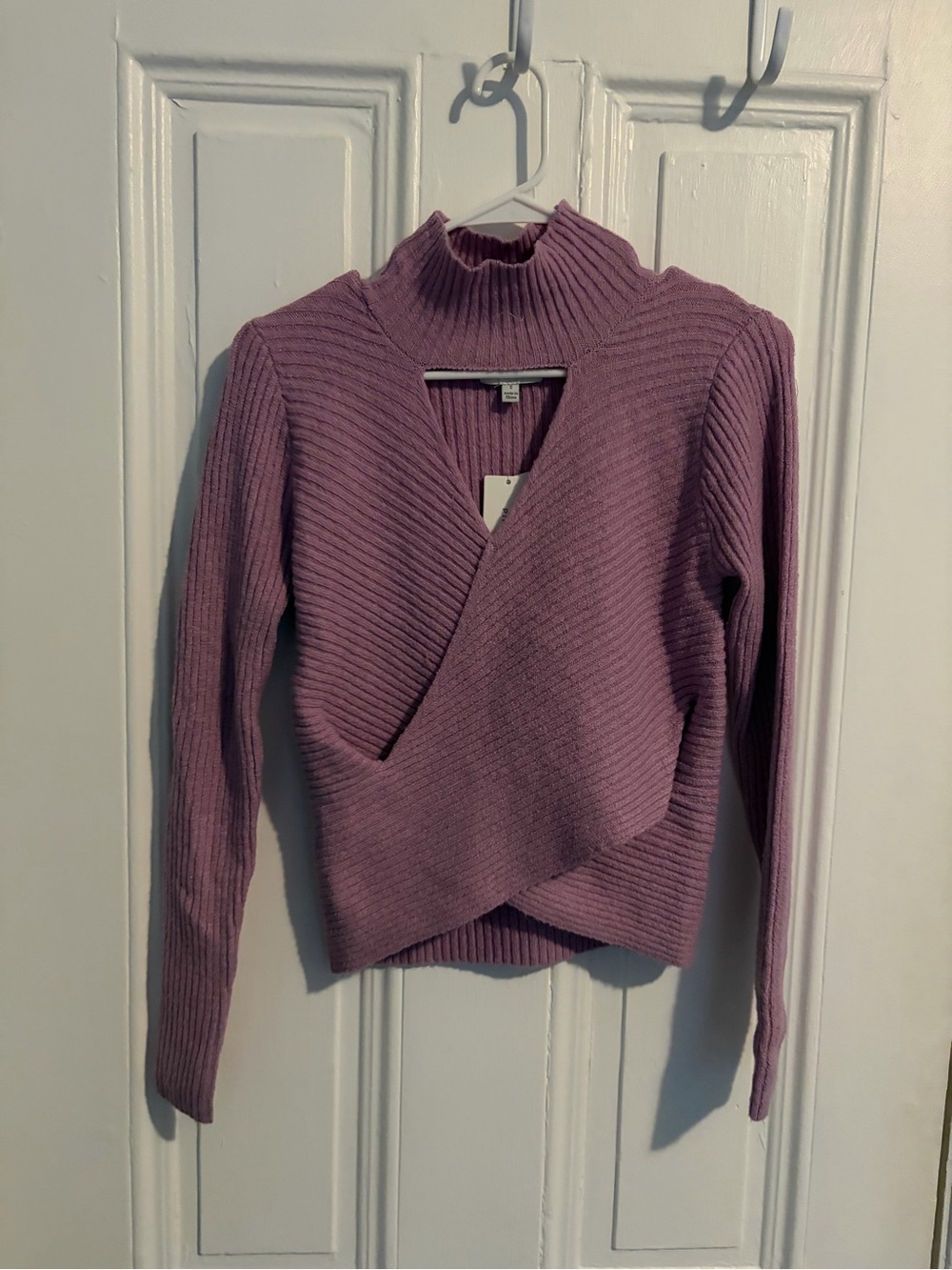 Pink Rose Ribbed Wrap Mock Neck Sweater - Mauve